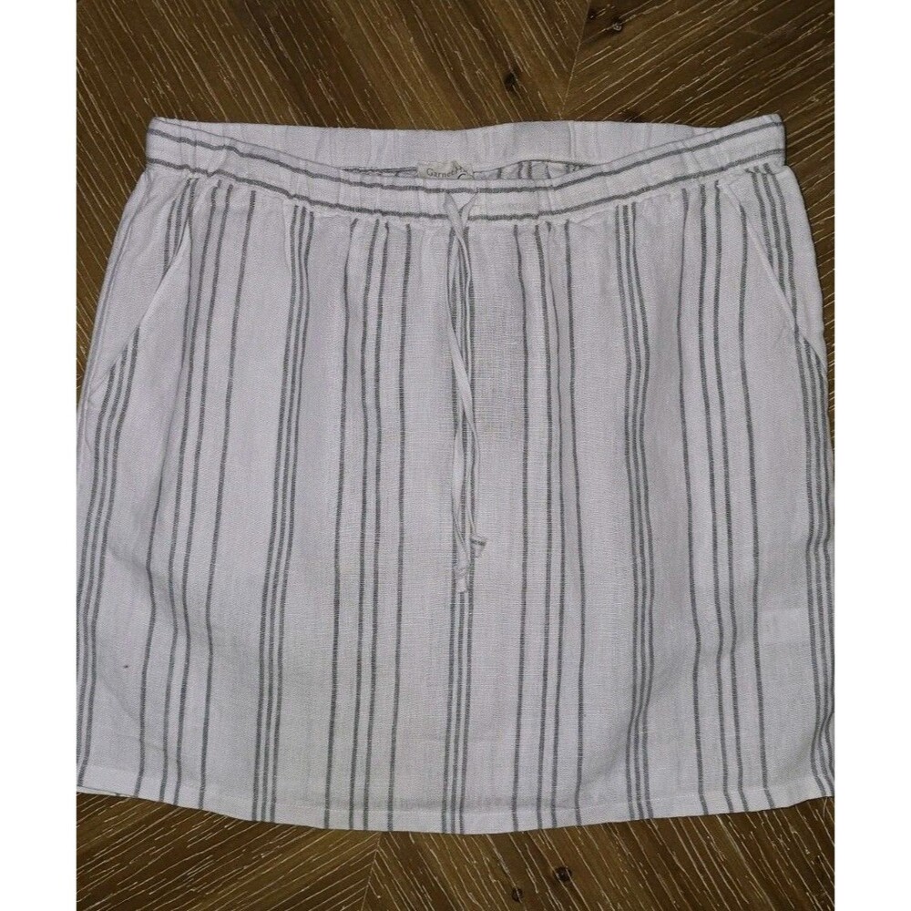 Garnet Hill Linen Drawstring Skirt Small Pull On Women's White Light Gray Stripe